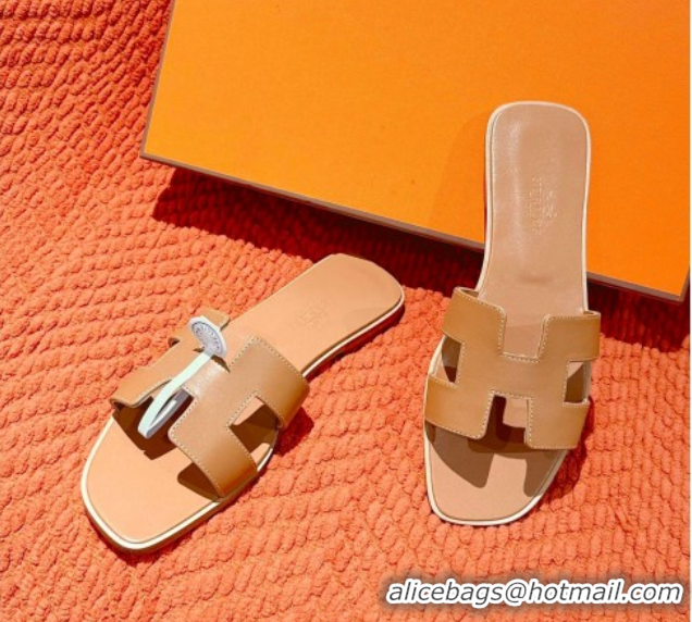 Buy Luxury Hermes Oran Classic Flat Slides Sandal in Smooth Calfskin Light Brown 0421067