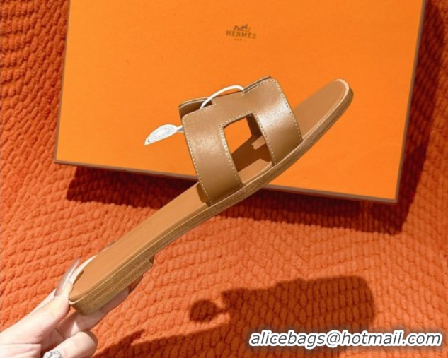Buy Luxury Hermes Oran Classic Flat Slides Sandal in Smooth Calfskin Light Brown 0421067