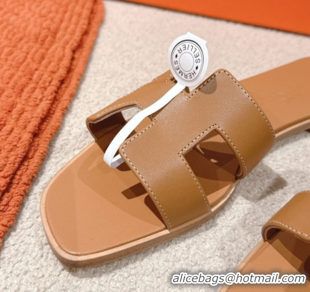Buy Luxury Hermes Oran Classic Flat Slides Sandal in Smooth Calfskin Light Brown 0421067