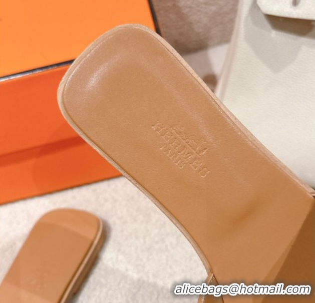 Buy Luxury Hermes Oran Classic Flat Slides Sandal in Smooth Calfskin Light Brown 0421067