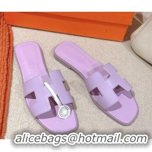 Top Design Hermes Oran Classic Flat Slides Sandal in Smooth Calfskin Light Purple 0421068
