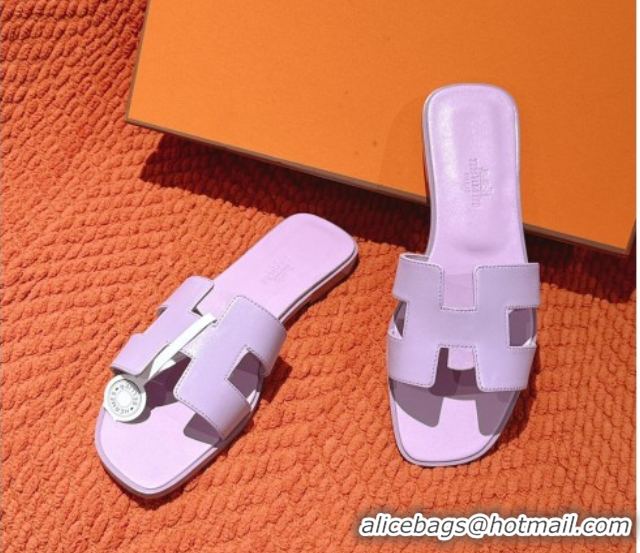 Top Design Hermes Oran Classic Flat Slides Sandal in Smooth Calfskin Light Purple 0421068