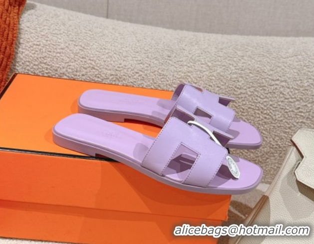 Top Design Hermes Oran Classic Flat Slides Sandal in Smooth Calfskin Light Purple 0421068