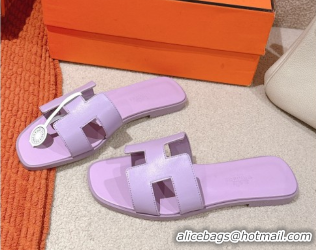 Top Design Hermes Oran Classic Flat Slides Sandal in Smooth Calfskin Light Purple 0421068
