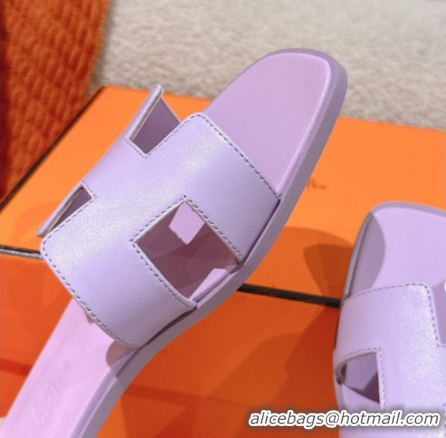 Top Design Hermes Oran Classic Flat Slides Sandal in Smooth Calfskin Light Purple 0421068