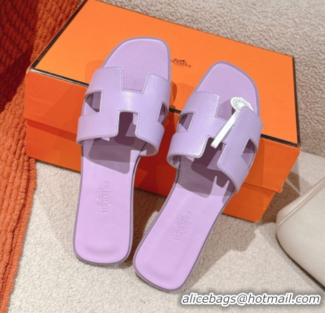 Top Design Hermes Oran Classic Flat Slides Sandal in Smooth Calfskin Light Purple 0421068