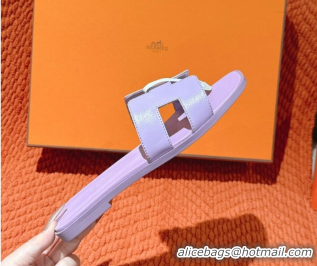 Top Design Hermes Oran Classic Flat Slides Sandal in Smooth Calfskin Light Purple 0421068