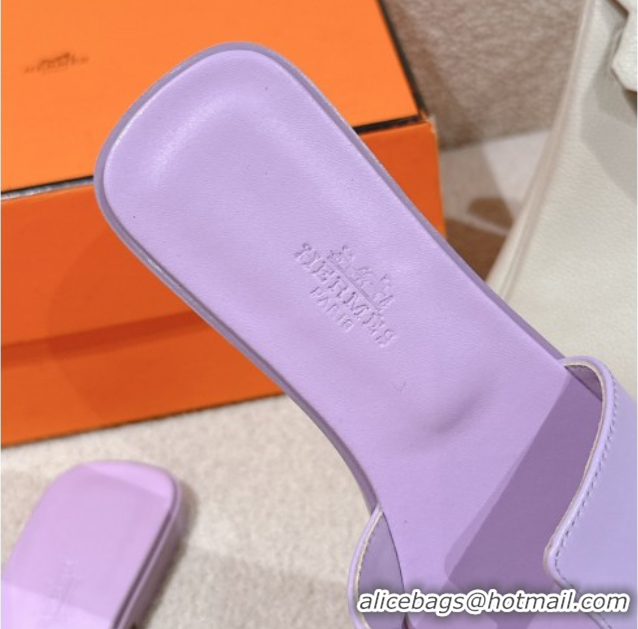 Top Design Hermes Oran Classic Flat Slides Sandal in Smooth Calfskin Light Purple 0421068