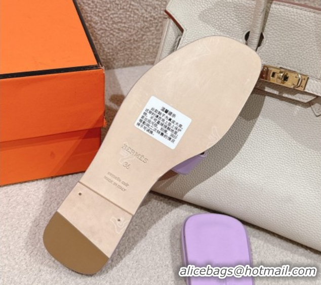 Top Design Hermes Oran Classic Flat Slides Sandal in Smooth Calfskin Light Purple 0421068