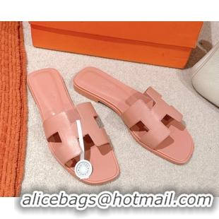 Cheap Price Hermes Oran Classic Flat Slides Sandal in Smooth Calfskin Peachy Pink 0421069