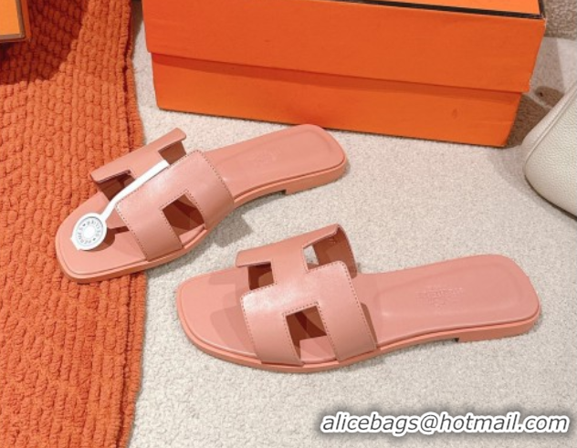 Cheap Price Hermes Oran Classic Flat Slides Sandal in Smooth Calfskin Peachy Pink 0421069