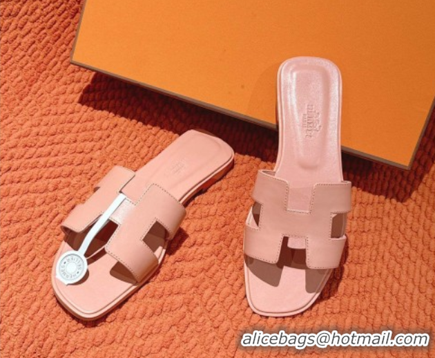 Cheap Price Hermes Oran Classic Flat Slides Sandal in Smooth Calfskin Peachy Pink 0421069