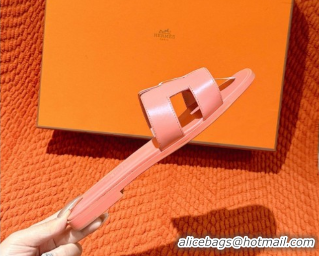 Cheap Price Hermes Oran Classic Flat Slides Sandal in Smooth Calfskin Peachy Pink 0421069