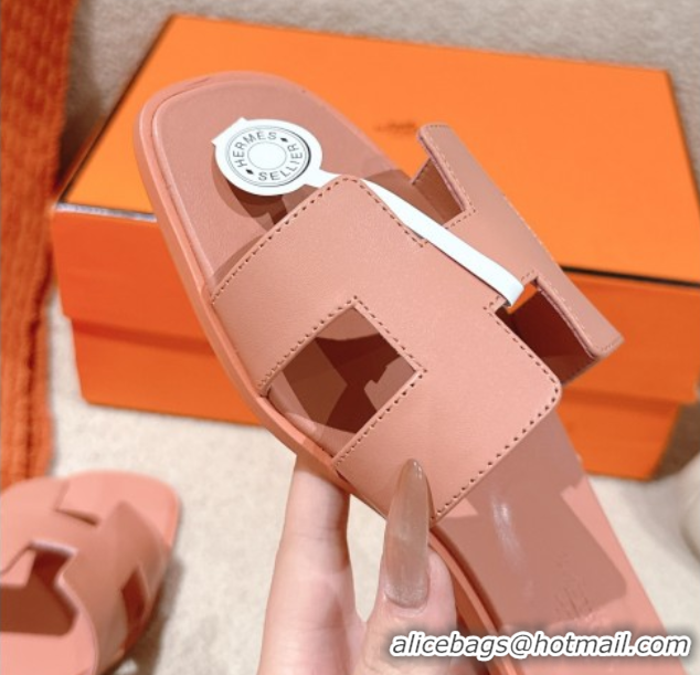 Cheap Price Hermes Oran Classic Flat Slides Sandal in Smooth Calfskin Peachy Pink 0421069