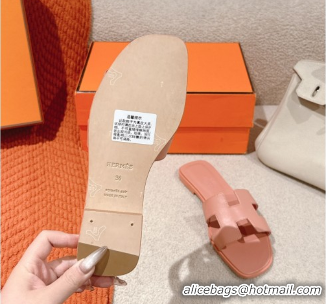 Cheap Price Hermes Oran Classic Flat Slides Sandal in Smooth Calfskin Peachy Pink 0421069