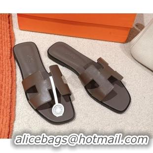 Good Product Hermes Oran Classic Flat Slides Sandal in Smooth Calfskin Grey 0421070