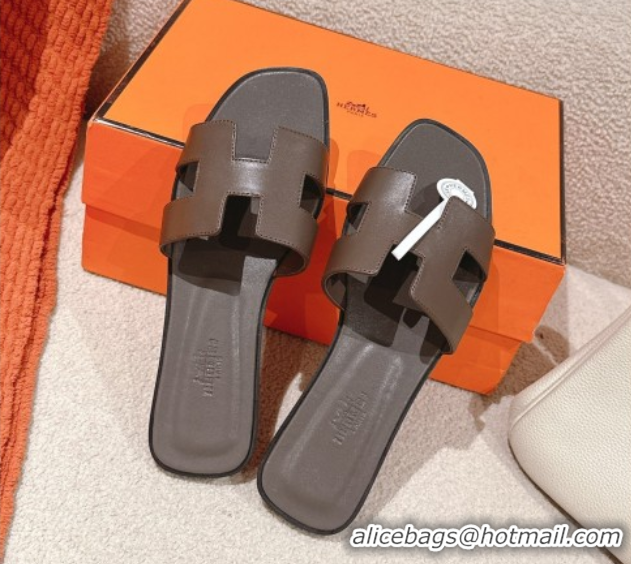 Good Product Hermes Oran Classic Flat Slides Sandal in Smooth Calfskin Grey 0421070