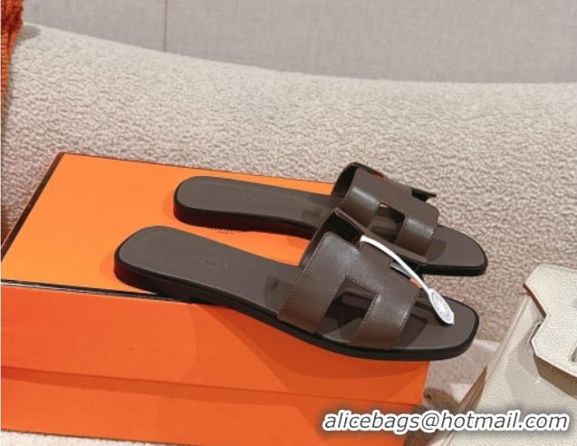 Good Product Hermes Oran Classic Flat Slides Sandal in Smooth Calfskin Grey 0421070