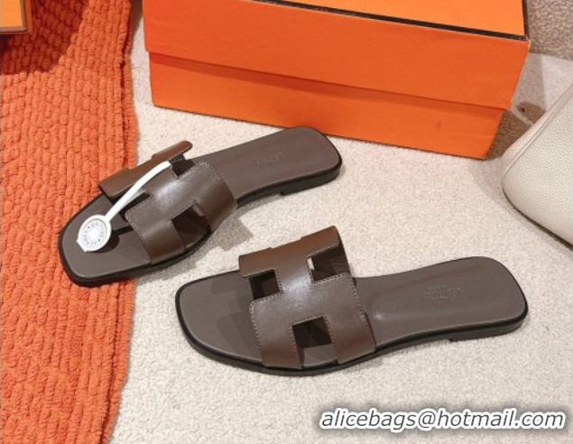 Good Product Hermes Oran Classic Flat Slides Sandal in Smooth Calfskin Grey 0421070