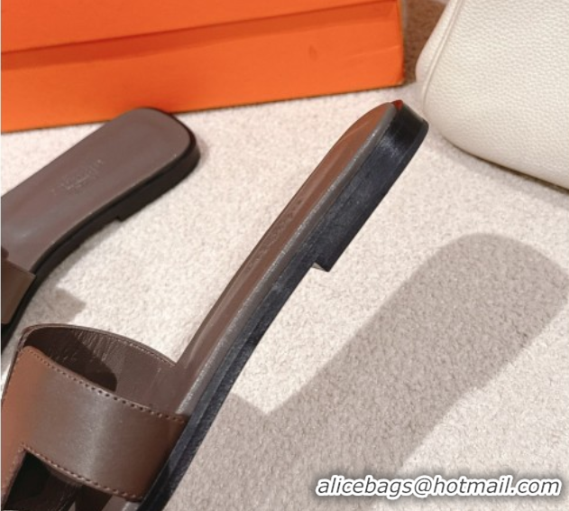 Good Product Hermes Oran Classic Flat Slides Sandal in Smooth Calfskin Grey 0421070