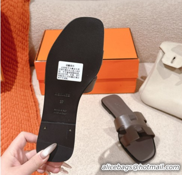 Good Product Hermes Oran Classic Flat Slides Sandal in Smooth Calfskin Grey 0421070