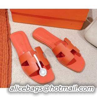 Unique Discount Hermes Oran Classic Flat Slides Sandal in Smooth Calfskin Orange 0421071