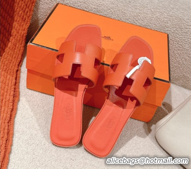 Unique Discount Hermes Oran Classic Flat Slides Sandal in Smooth Calfskin Orange 0421071