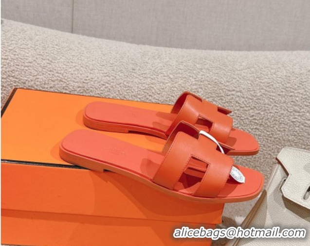 Unique Discount Hermes Oran Classic Flat Slides Sandal in Smooth Calfskin Orange 0421071