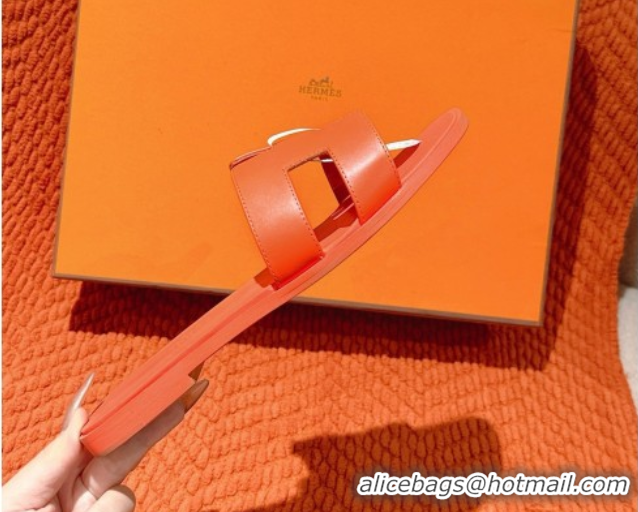Unique Discount Hermes Oran Classic Flat Slides Sandal in Smooth Calfskin Orange 0421071