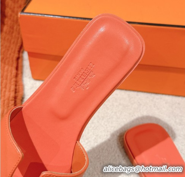 Unique Discount Hermes Oran Classic Flat Slides Sandal in Smooth Calfskin Orange 0421071