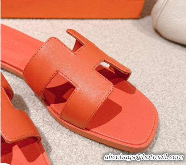 Unique Discount Hermes Oran Classic Flat Slides Sandal in Smooth Calfskin Orange 0421071
