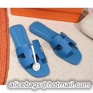 Crafted Hermes Oran Classic Flat Slides Sandal in Smooth Calfskin Blue 0421072