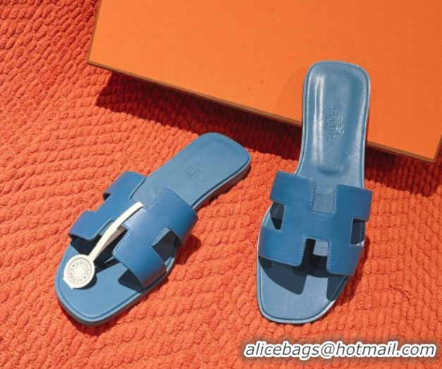 Crafted Hermes Oran Classic Flat Slides Sandal in Smooth Calfskin Blue 0421072