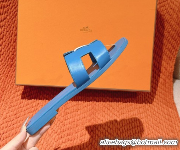 Crafted Hermes Oran Classic Flat Slides Sandal in Smooth Calfskin Blue 0421072