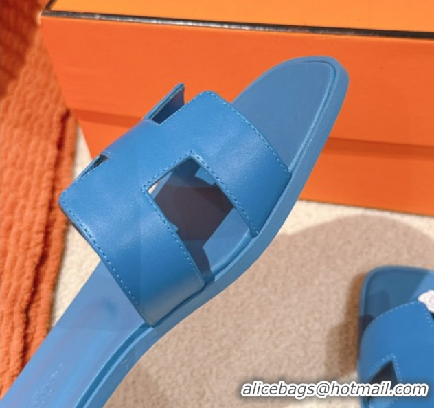Crafted Hermes Oran Classic Flat Slides Sandal in Smooth Calfskin Blue 0421072