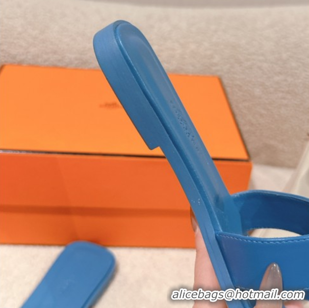 Crafted Hermes Oran Classic Flat Slides Sandal in Smooth Calfskin Blue 0421072