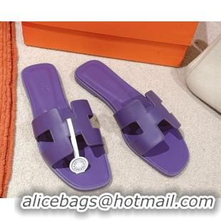 Low Price Hermes Oran Classic Flat Slides Sandal in Smooth Calfskin Dark Purple 0421074