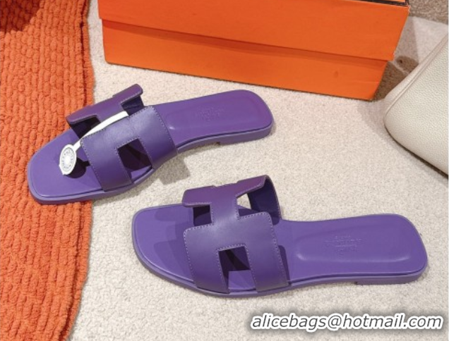 Low Price Hermes Oran Classic Flat Slides Sandal in Smooth Calfskin Dark Purple 0421074