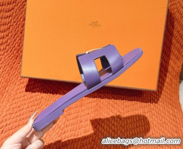Low Price Hermes Oran Classic Flat Slides Sandal in Smooth Calfskin Dark Purple 0421074