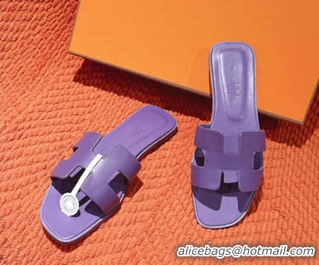 Low Price Hermes Oran Classic Flat Slides Sandal in Smooth Calfskin Dark Purple 0421074