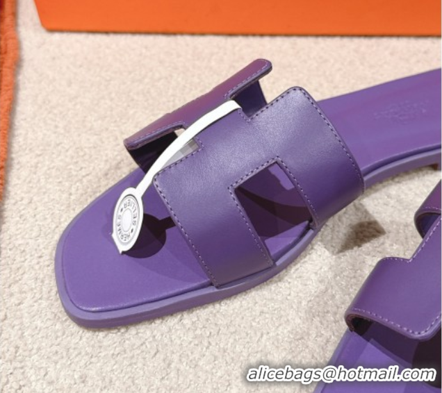 Low Price Hermes Oran Classic Flat Slides Sandal in Smooth Calfskin Dark Purple 0421074