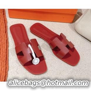 Big Discount Hermes Oran Classic Flat Slides Sandal in Smooth Calfskin Dark Red 0421075