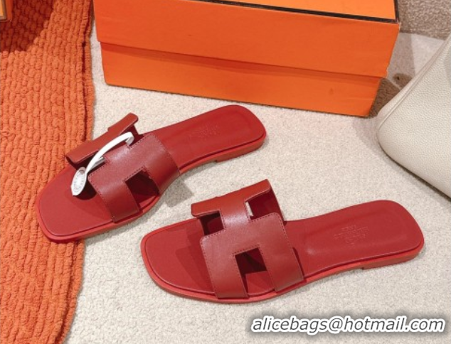 Big Discount Hermes Oran Classic Flat Slides Sandal in Smooth Calfskin Dark Red 0421075