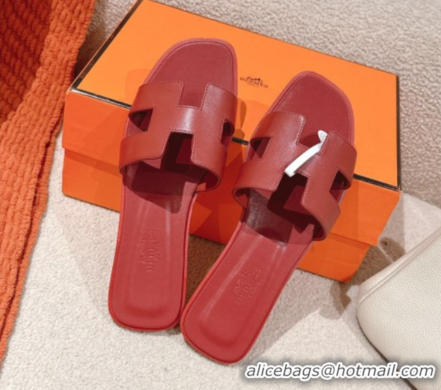Big Discount Hermes Oran Classic Flat Slides Sandal in Smooth Calfskin Dark Red 0421075
