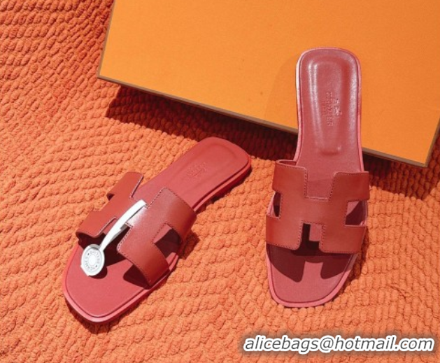 Big Discount Hermes Oran Classic Flat Slides Sandal in Smooth Calfskin Dark Red 0421075