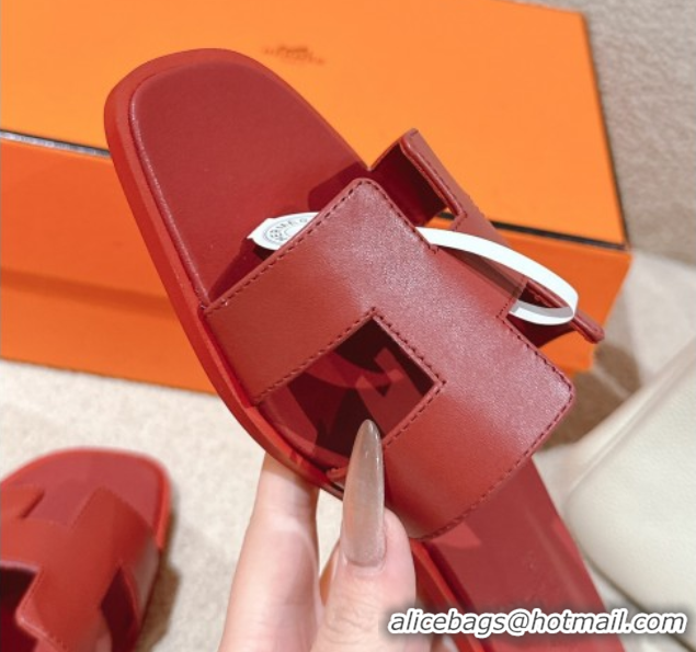 Big Discount Hermes Oran Classic Flat Slides Sandal in Smooth Calfskin Dark Red 0421075