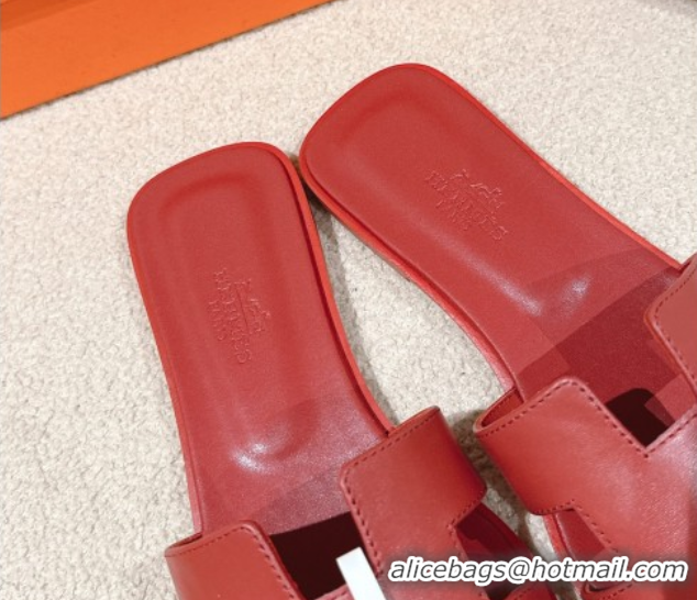 Big Discount Hermes Oran Classic Flat Slides Sandal in Smooth Calfskin Dark Red 0421075