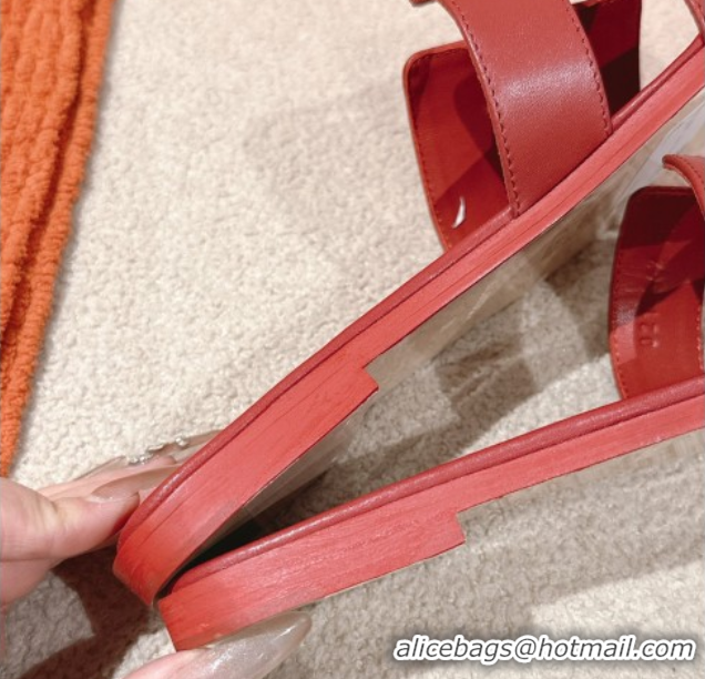 Big Discount Hermes Oran Classic Flat Slides Sandal in Smooth Calfskin Dark Red 0421075