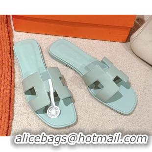 Classic Hot Hermes Oran Classic Flat Slides Sandal in Smooth Calfskin Light Green 0421076