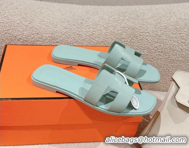 Classic Hot Hermes Oran Classic Flat Slides Sandal in Smooth Calfskin Light Green 0421076